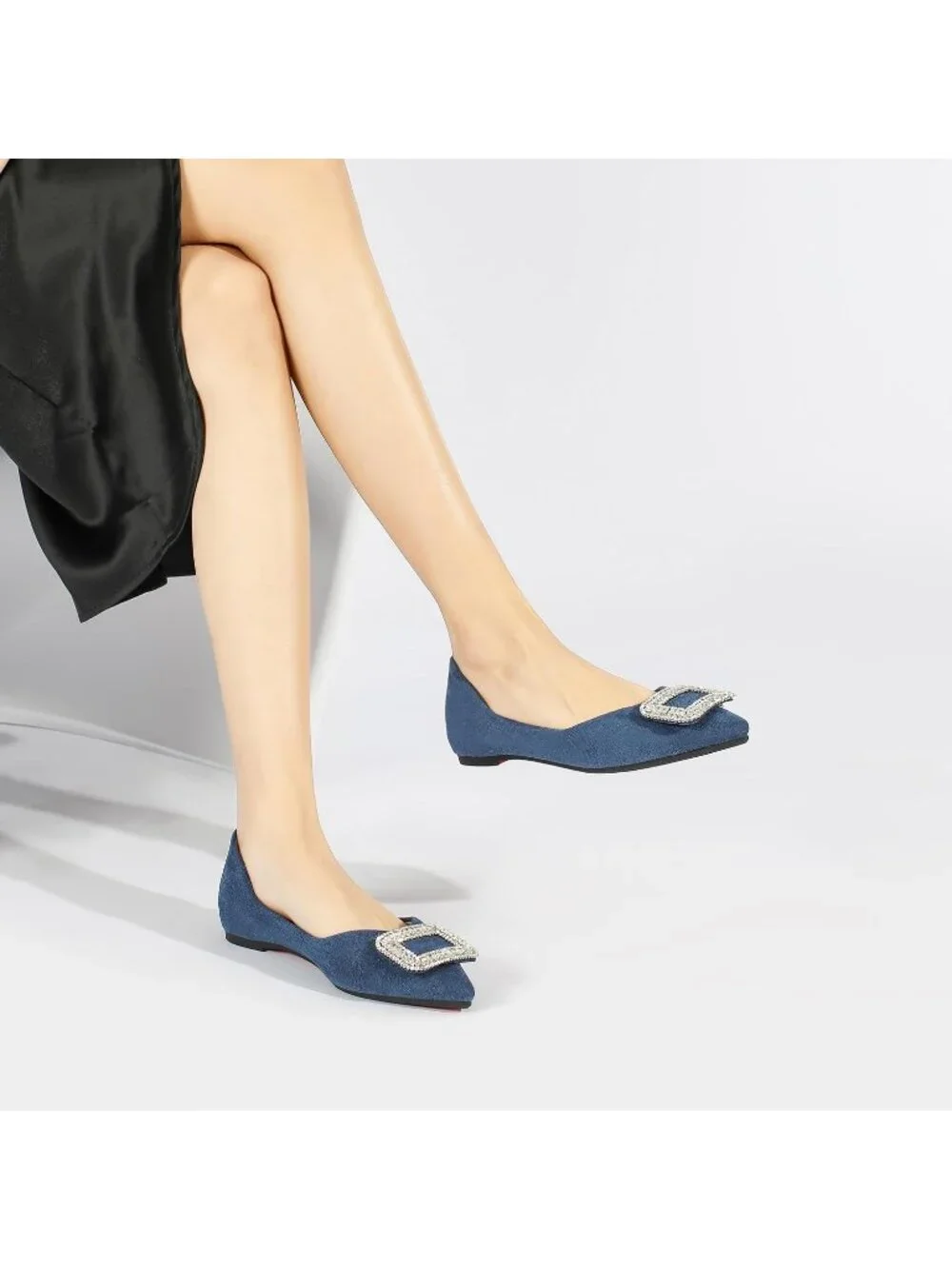Women's Blue Suede Pointed Toe Rhinestone Ballet Flats Slip On Party Dress Shoes